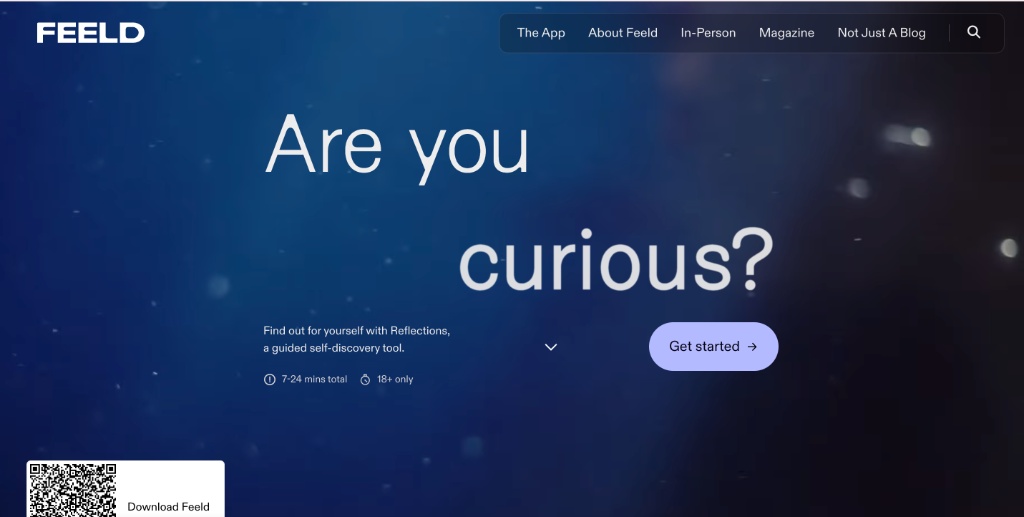 Feeld homepage for Reflections, a guided self-discovery tool, reading "Are you curious?"